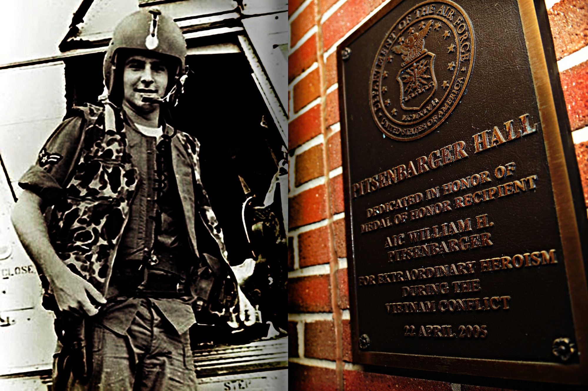 The U.S. Air Force uses a memorialization program to provide lasting honor and pay tribute to military and civilian personnel, deceased or living. Staff Sgt. William Pitsenbarger received the nation’s highest military decoration, the Medal of Honor, for risking his life on April 11, 1966 near Cam My, Republic of Vietnam, while assigned as a Pararescue Crew Member, Detachment 6, 38th Aerospace Rescue and Recovery Squadron, by organizing and coordinating rescue efforts, caring for the wounded, preparing casualties for evacuation, and insuring that the mission continued in a smooth and orderly fashion. (U.S. Air Force photo illustration by Airman 1st Class Teresa Cleveland/Released)