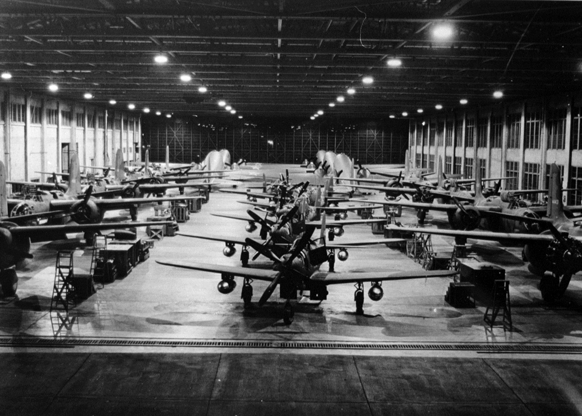 Planes are arranged in the final outfitting hangar ready for the morning shift in June, 1945. Malmstrom once was home to various aircraft. (U.S. Air Force/courtesy photo)