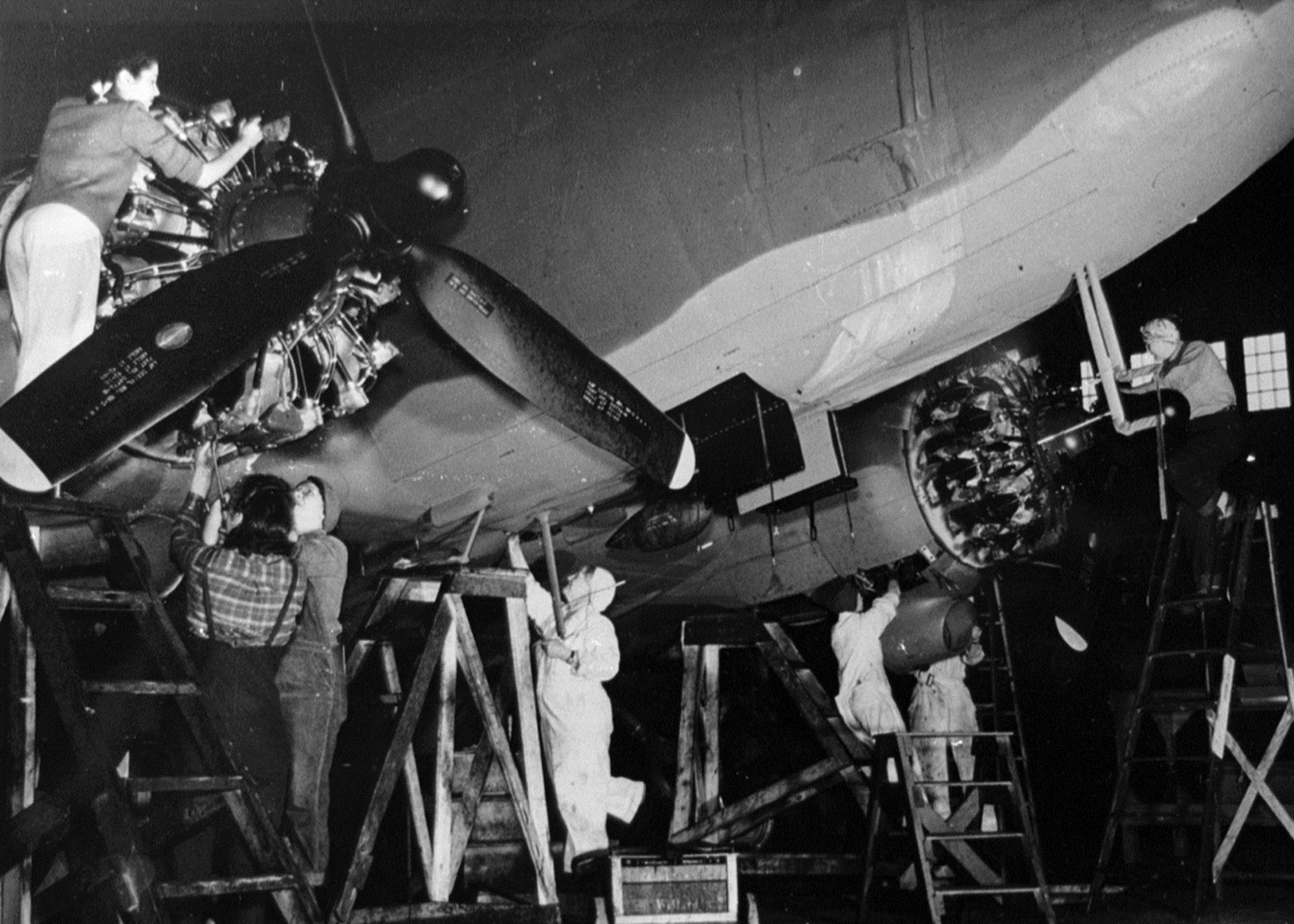 A large crew processes a Lend-Lease C-47 in the final outfitting hangar in June, 1945. (U.S. Air Force/courtesy photo)