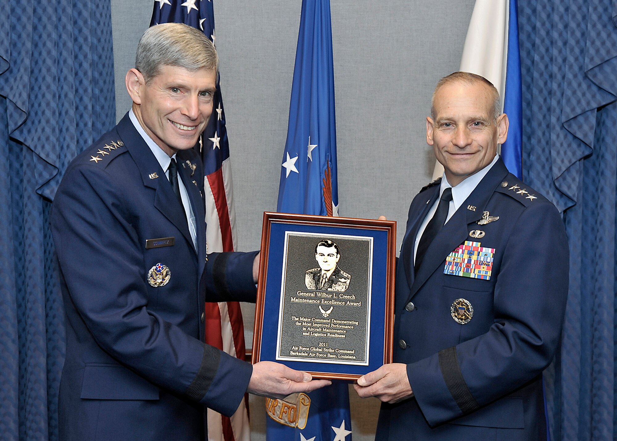Air Force Chief of Staff Gen. Norton Schwartz presents Lt. Gen. James Kowalski, Air Force Global Strike Command commander, the Gen. Wilbur L. Creech Maintenance Excellence Award for 2011 during a ceremony at the Pentagon April 16, 2012.  The award is presented to the major command that demonstrates the most improved performance in aircraft maintenance and logistics readiness in a given fiscal year. (U.S. Air Force photo/Michael J. Pausic)