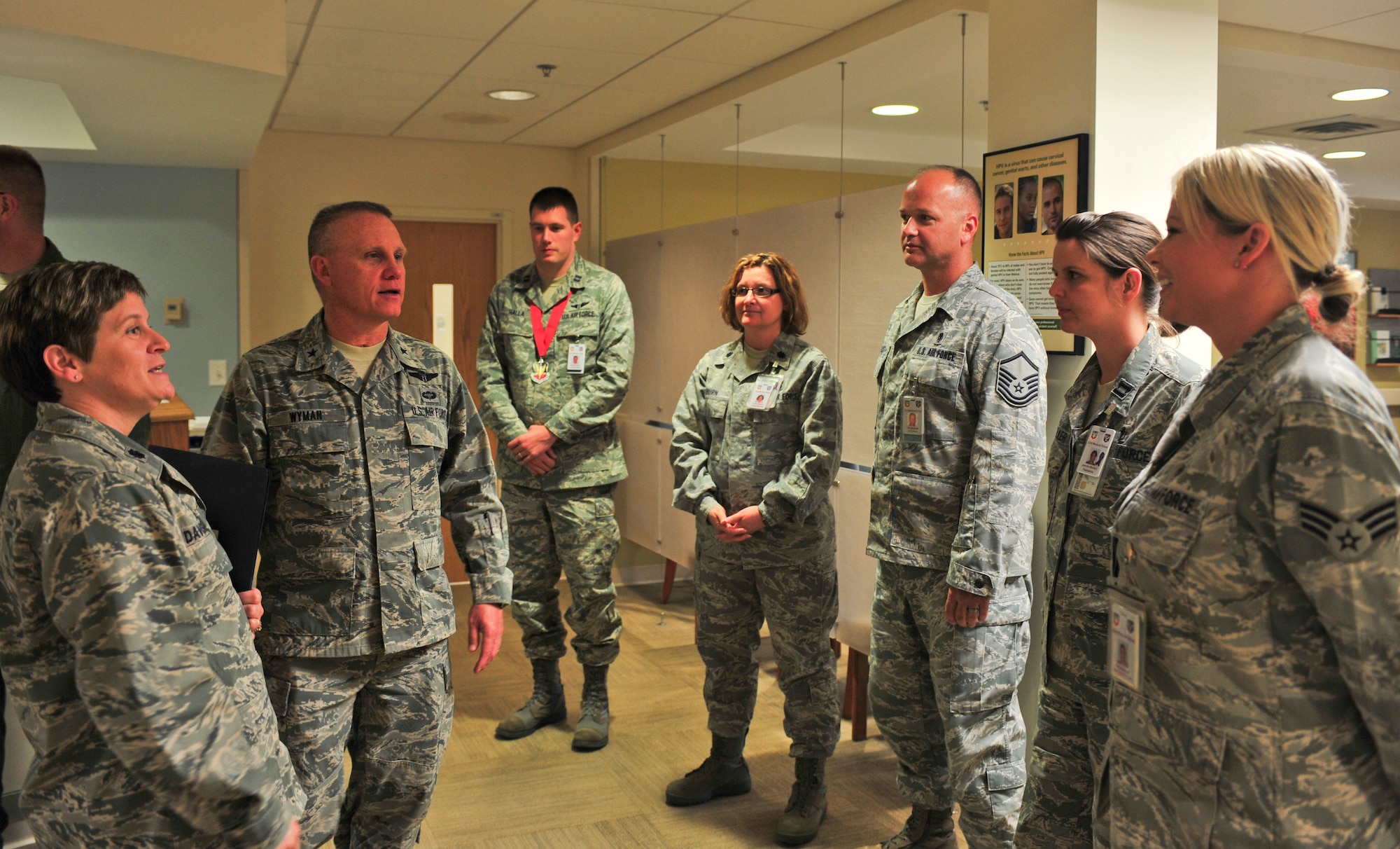U.S. Air Force Brig. Gen. Daniel Wyman, Air Combat Command surgeon general, visits the different offices within the 23d Medical Group at Moody Air Force Base, Ga., April 12, 2012. Wyman visited the medical community to gain insight on the 23d MDG and on the services they provide to Moody. (U.S. Air Force photo by Staff Sgt. Stephanie Mancha/Released)