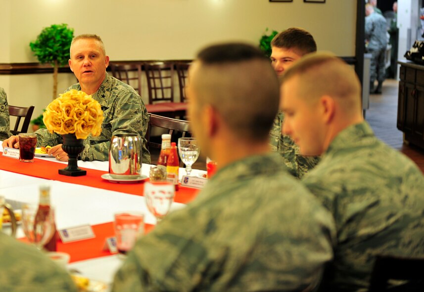 U.S. Air Force Brig. Gen. Daniel Wyman, Air Combat Command surgeon general, has breakfast with Airmen from the 23d Medical Group during his visit to Moody Air Force Base, Ga., April 12, 2012. Wyman provided words of encouragement to the Airmen in attendance and answered any questions they had for him. (U.S. Air Force photo by Staff Sgt. Stephanie Mancha/Released)