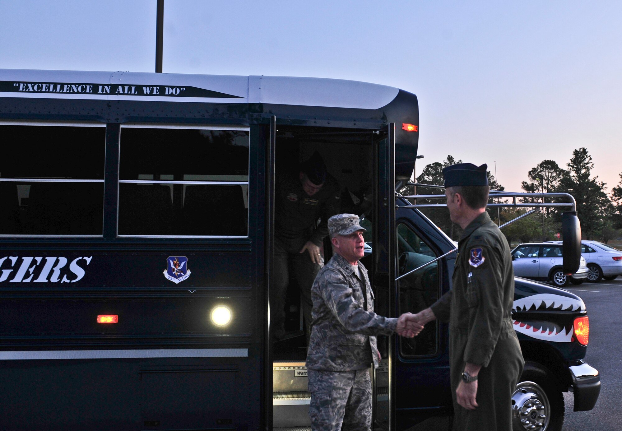 U.S. Air Force Brig. Gen. Daniel Wyman, Air Combat Command surgeon general, is greeted by Col. Billy Thompson, 23d Wing commander, at Moody Air Force Base, Ga., April 12, 2012. Wyman visited Moody to get a better understanding of the 23d Medical Group’s mission along with the Medcell at the 820th Combat Operations Squadron. (U.S. Air Force photo by Staff Sgt. Stephanie Mancha/Released)