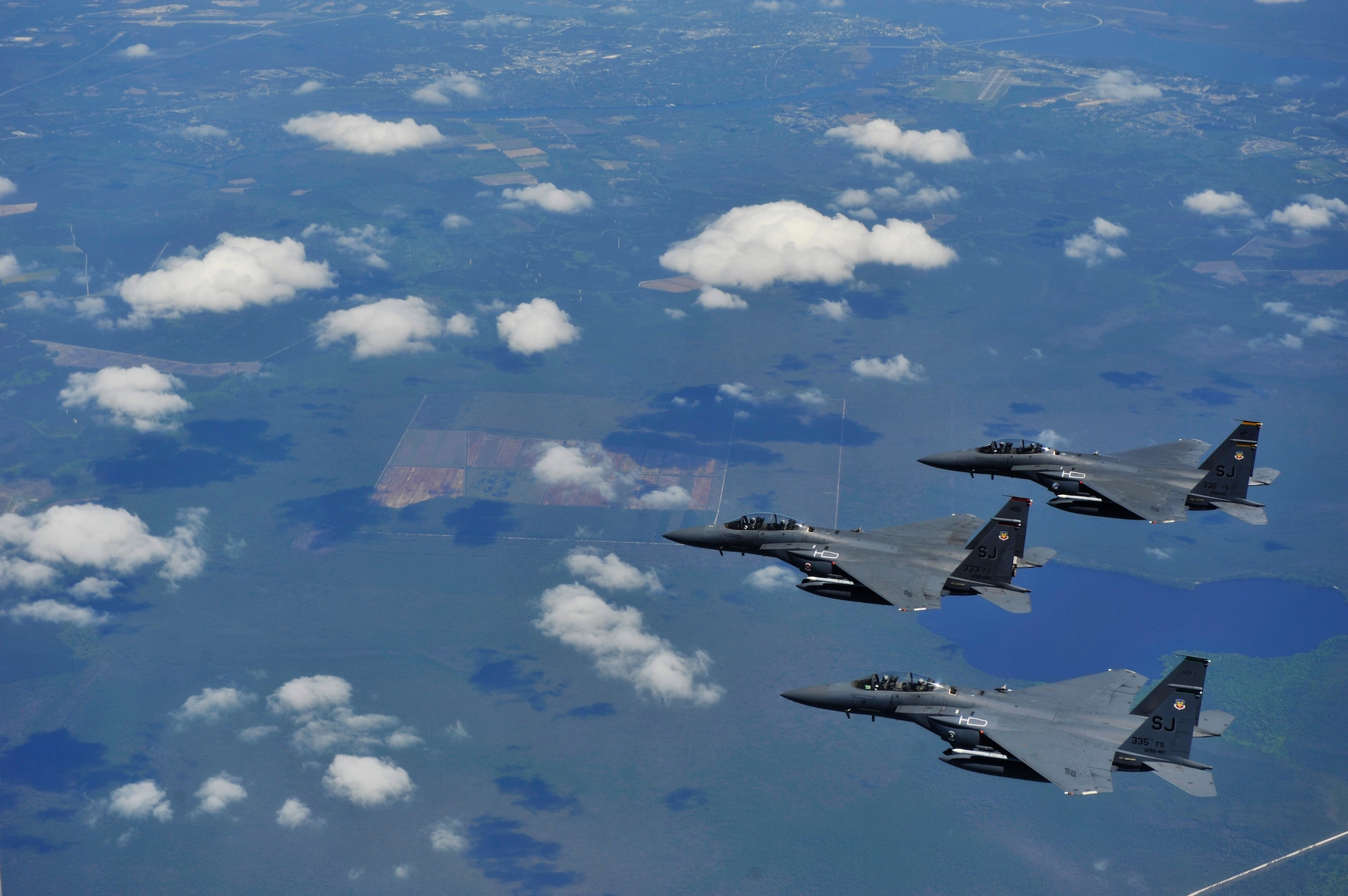 U.S. Air Force F-15E Strike Eagles from the 4th Fighter Wing fly in formation during a Turkey Shoot training mission near Seymour Johnson Air Force Base, N.C., April 16, 2012.  The wing generated nearly 70 aircraft to destroy more than 1,000 targets on bombing ranges across the state to commemorate the 4th Fighter Wing's victory over the Luftwaffe on April 16, 1945.  (U.S. Air Force Photo by Staff Sgt. Eric Harris/Released)