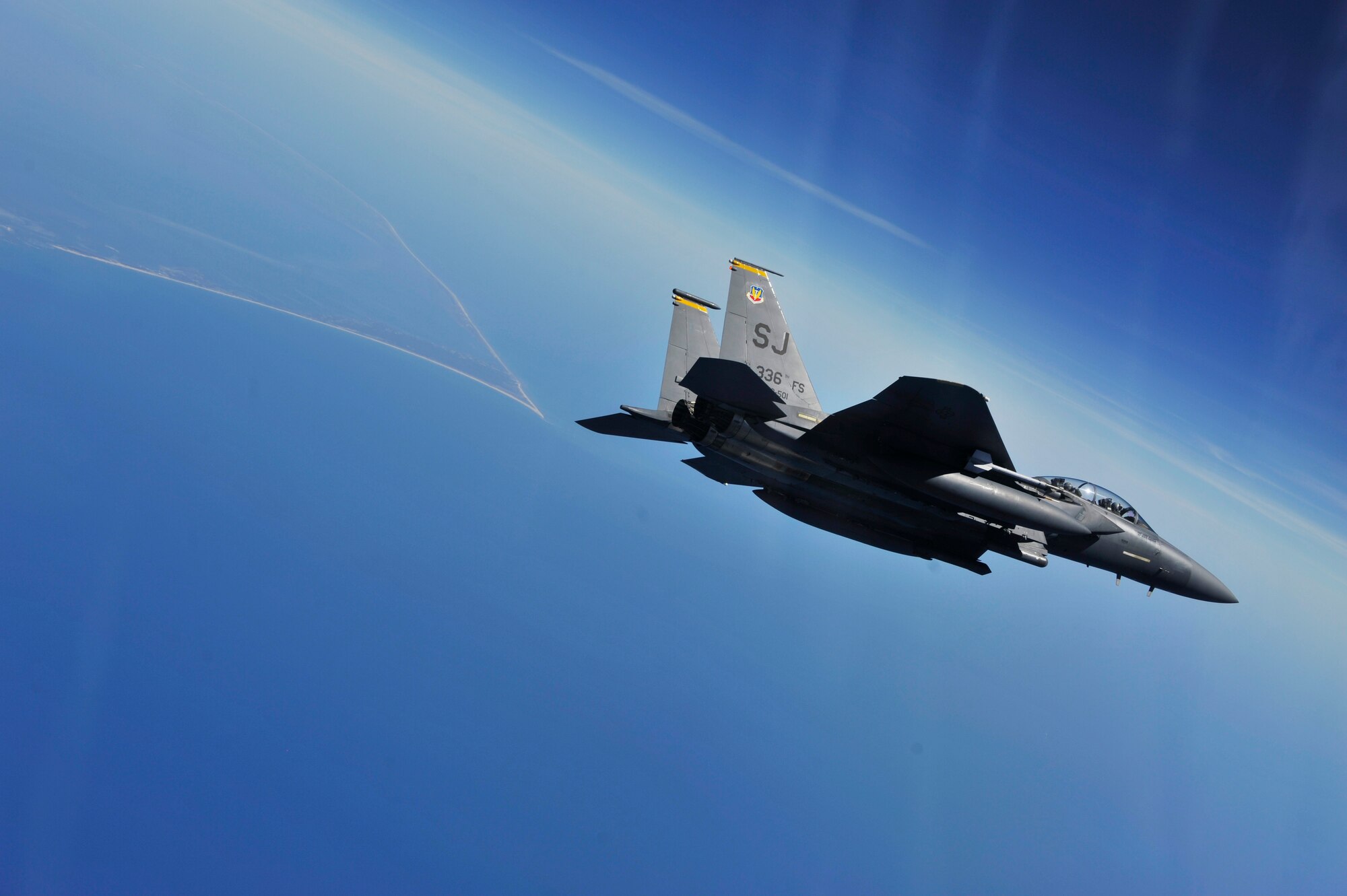 A U.S. Air Force F-15E Strike Eagle from the 4th Fighter Wing conducts operations during a Turkey Shoot training mission near Seymour Johnson Air Force Base, N.C., April 16, 2012.  The wing generated nearly 70 aircraft to destroy more than 1,000 targets on bombing ranges across the state to commemorate the 4th Fighter Wing's victory over the Luftwaffe on April 16, 1945.  (U.S. Air Force Photo by Staff Sgt. Eric Harris/Released)