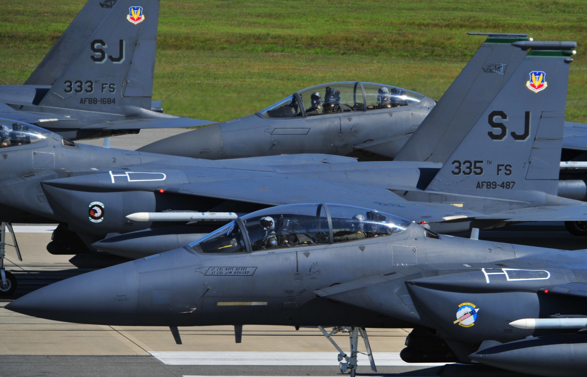 F-15E Strike Eagles of the 4th Fighter Wing perform an "Elephant Walk" as they taxi down the runway during a Turkey Shoot training mission on Seymour Johnson Air Force Base, N.C., April 16, 2012. The wing generated nearly 70 aircraft to destroy more than 1,000 targets on bombing ranges across the state to commemorate the 4th's victory over the Luftwaffe on April 16, 1945. The aircrews are assigned to the 4th Fighter Wing's 333rd, 334th, 335th, and 336th Fighter Squadrons. (U.S. Air Force Photo/Staff Sgt. Elizabeth Rissmiller)(Released)