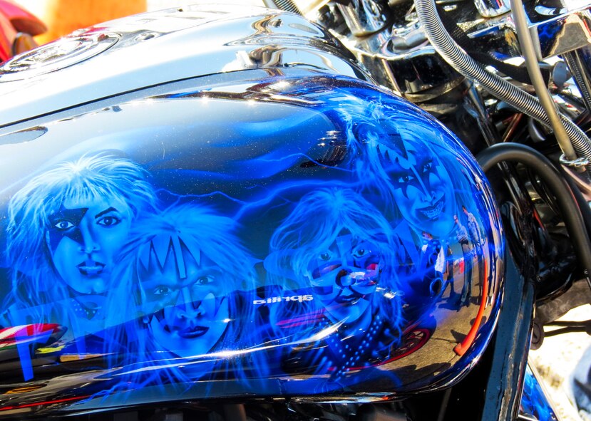 A custom-painted rock-n-roll bike sits on the flightline in front of the climatic lab April 13 at Eglin’s annual motorcycle safety rally.  The rally brought together a record number of 650 bikers from all services and bases for safety discussions, riding courses and group rides.  (U.S. Air Force photo/Irene Freiberg)
