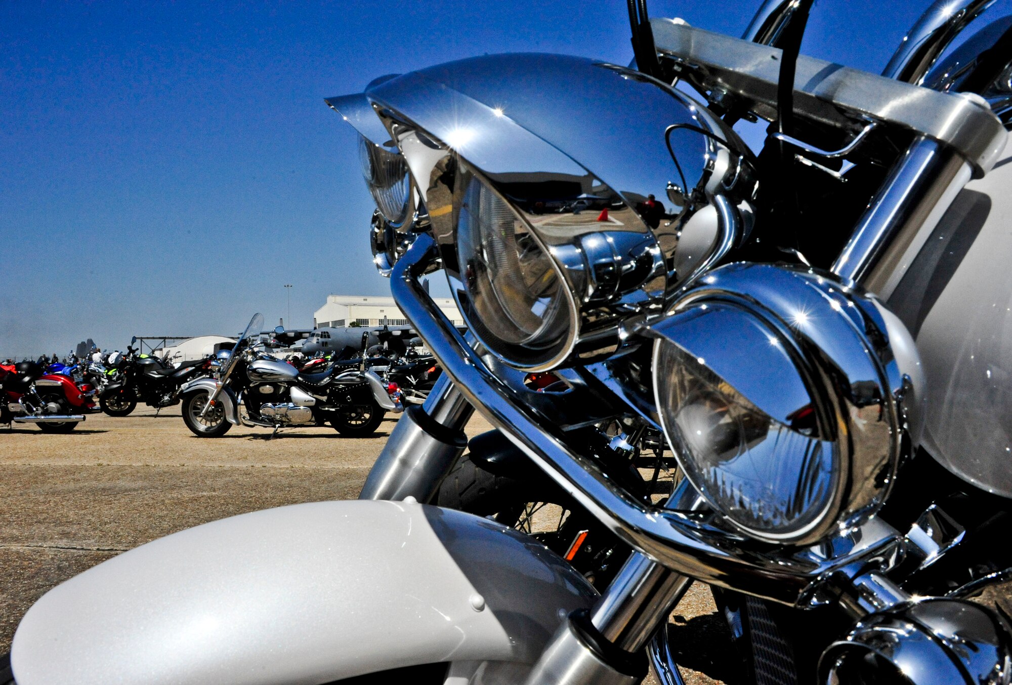 Motorcycles and their riders invaded the flightline in front of the climatic lab April 13 for Eglin’s annual motorcycle safety rally.  The rally brought together a record number of 650 bikers from all services and bases for safety discussions, riding courses and group rides.  (U.S. Air Force photo/Randy Gon)