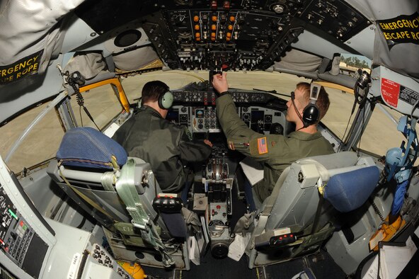 U.S. Air Force Lt. Col. Nicholas Hayes (left) and 2nd Lt. Chad Olson prepare a KC-135R Stratotanker for flight on Seymour Johnson Air Force Base, N.C., April 12, 2012. Pre-flight inspections consist of checking avionics, hydraulics, and fuel levels. Hayes, 77th Air Refueling Squadron KC-135R pilot, is from Roanoke, Va. Olson, 77th Air Refueling Squadron KC-135R pilot, hails from Memphis, Tenn. (U.S. Air Force photo/Airman 1st Class John Nieves Camacho/Released)