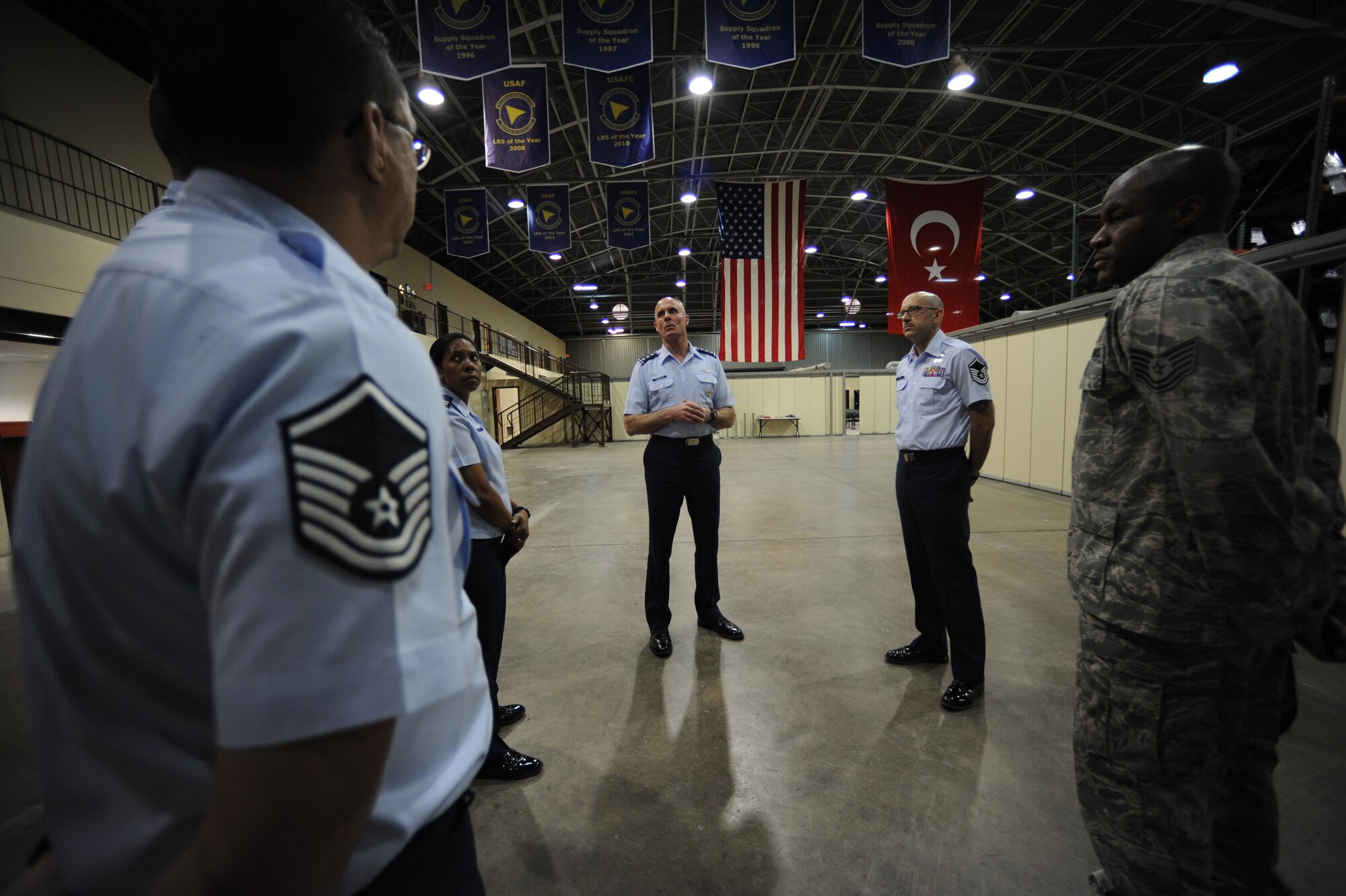 Lt. Gen. Craig Franklin, 3rd Air Force commander, center, speaks with members of the 39th Logistics Readiness Squadron during a site visit April 16, 2012, at Incirlik Air Base, Turkey. This was Franklin's first visit to Incirlik since taking command of 3rd AF. During the visit, he expressed his gratitude to all Incirlik Airmen for their outstanding support of global missions and operations. (U.S. Air Force photo by Senior Airman Jarvie Z. Wallace/Released) 