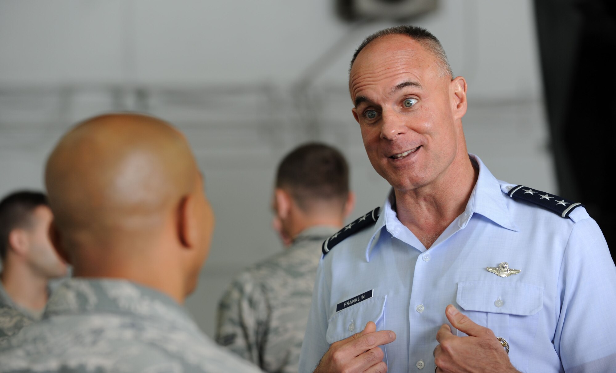 Lt. Gen. Craig Franklin, 3rd Air Force commander, speaks with Master Sgt. Jason Wynn, 39th Maintenance Squadron NCO in charge of stockpile and surveillance, during a site visit April 16, 2012, at Incirlik Air Base, Turkey. This was Franklin's first visit to Incirlik since taking command of 3rd AF. During the visit, he expressed his gratitude to all Incirlik Airmen for their outstanding support of global missions and operations. (U.S. Air Force photo by Senior Airman Jarvie Z. Wallace/Released) 