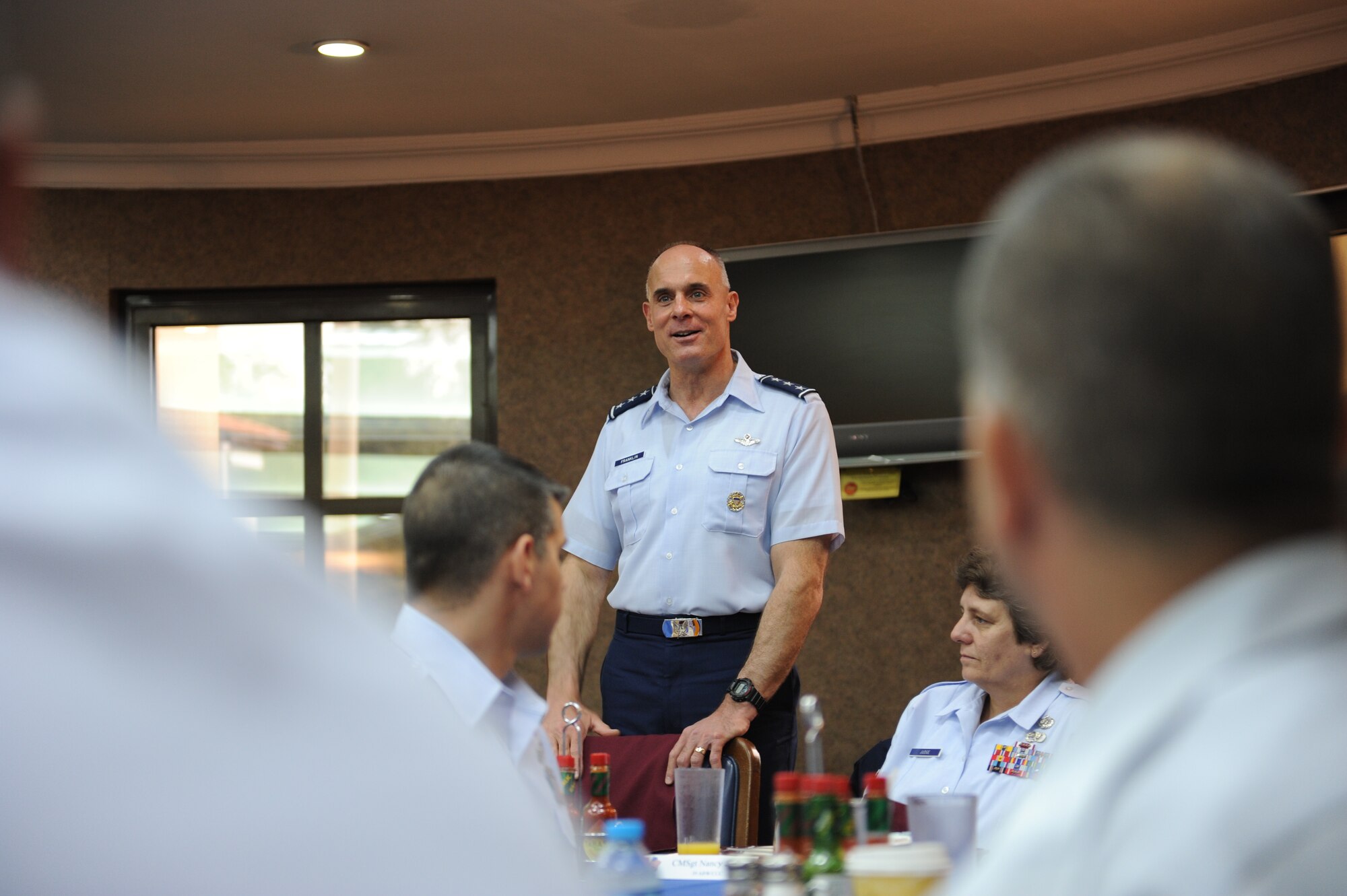 Lt. Gen. Craig Franklin, 3rd Air Force commander, speaks to a group of senior NCOs during a breakfast at the Sultan's Inn Dining Facility April 16, 2012, at Incirlik Air Base, Turkey. This was Franklin's first visit to Incirlik since taking command of 3rd AF. During the visit, he expressed his gratitude to all Incirlik Airmen for their outstanding support of global missions and operations. (U.S. Air Force photo by Senior Airman Jarvie Z. Wallace/Released) 