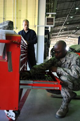 Staff. Sgt. Ramchand Francisco, left, 8th Logistics Readiness Squadron vehicle and equipment craftsman, watches as Pacific Air Forces Inspector General team member, Master Sgt. Amunda Rivers, inspects a tool drawer for proper accountability and serviceability, April 17, 2012, on Kunsan Air Base, Republic of Korea. Over the next two weeks during the Consolidated Unit Inspection, the IG team will test the Wolf Pack’s ability to complete both peacetime and wartime missions. (U.S. Air Force photo/Senior Airman Brigitte N. Brantley)