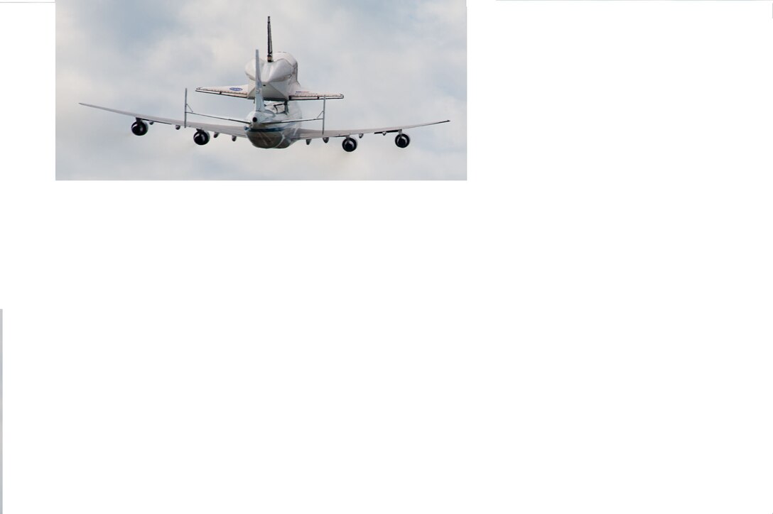 JOINT BASE ANDREWS, Md., -- Last flight of the Shuttle Discovery fly over Joint Base Andrews, Md. on April 17, 2012. Discovery pigy backed a ride on a jumbo 747 from NASA KTTS Landing Facility (U.S. Air Force photo by Sophia Piellusch)