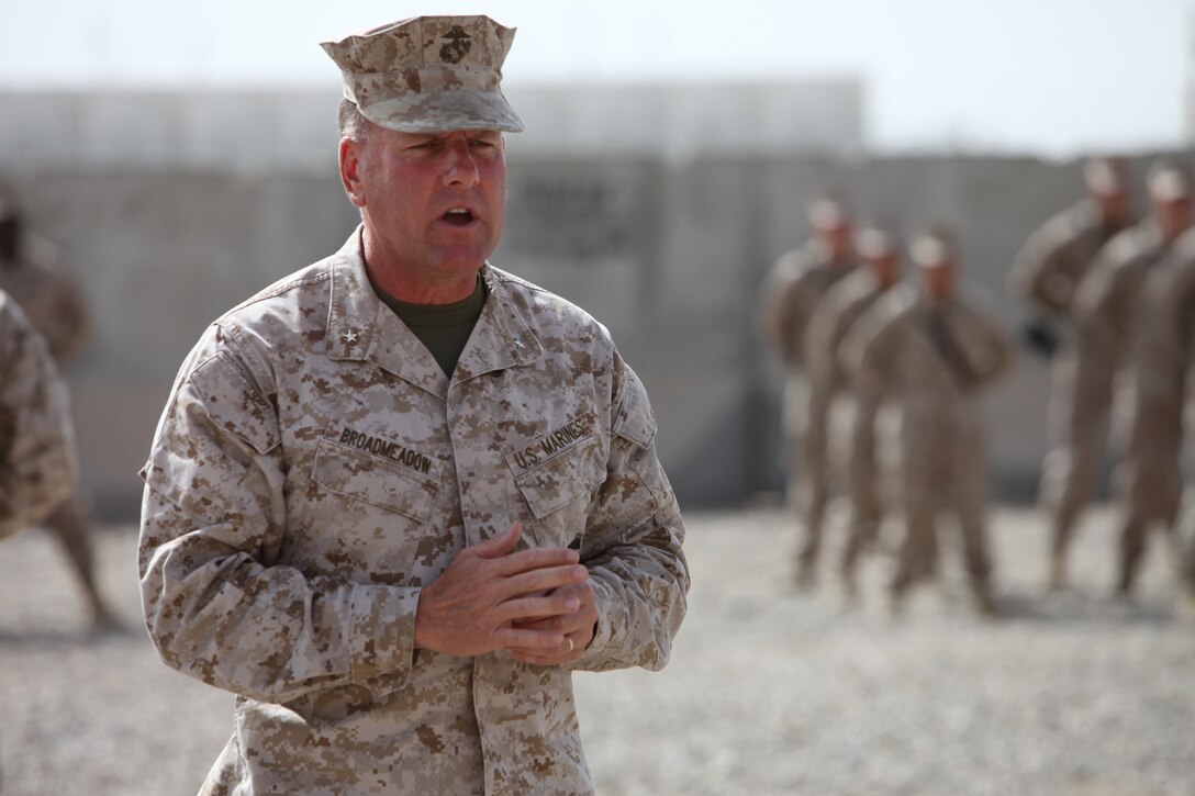 Brig. Gen. John Broadmeadow, commanding general, 1st Marine Logistics Group (Forward), speaks to incoming and outgoing Marines and sailors at a transfer of authority ceremony for Combat Logistics Battalion 1 at Camp Dwyer, Afghanistan, April 17. “All of you from CLB-1 have done superbly and have gone beyond my expectations,” said Brig. Gen. Broadmeadow.