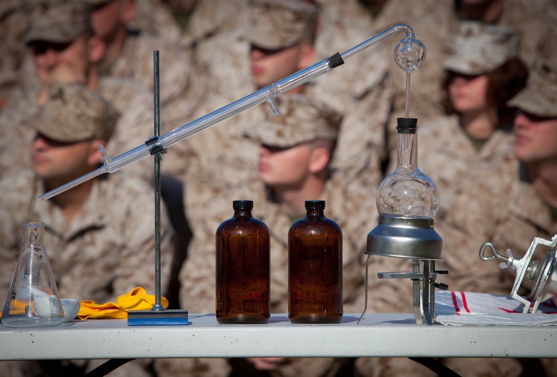 Marines with II Marine Expeditionary Force Headquarters Group, attend counter improvised explosive device awareness training, April 17, at Camp Lejeune, N.C. The training provided participants with a look at what tools and techniques are available to counter the threat of roadside bombs during deployment.