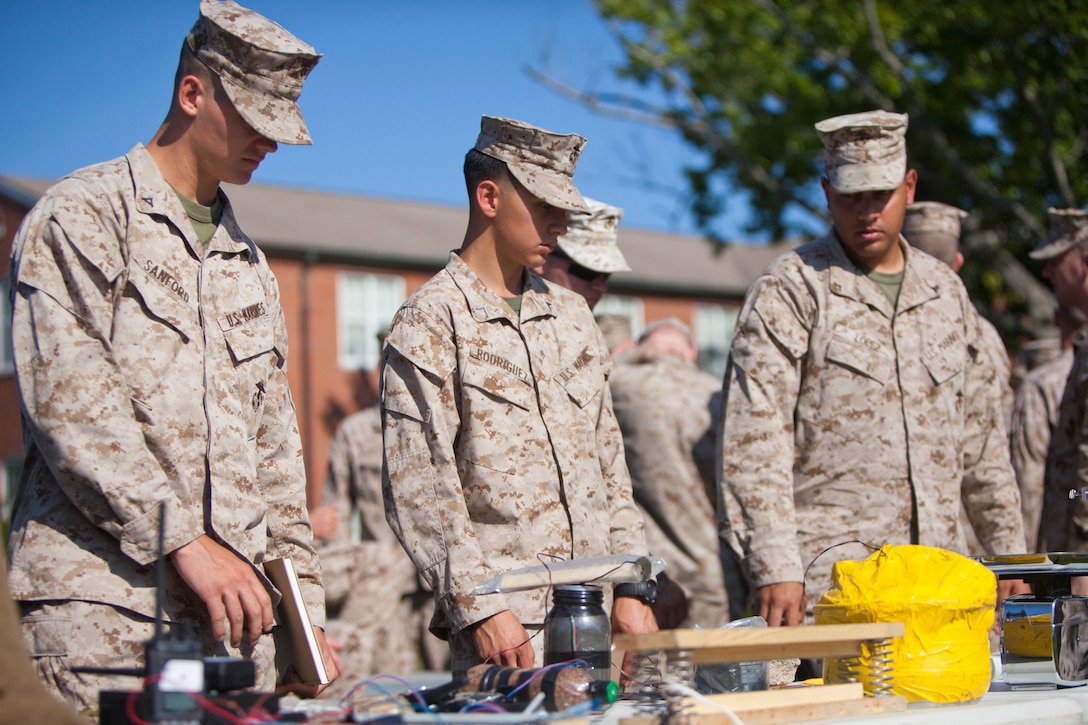 Marines with II Marine Expeditionary Force Headquarters Group, attended counter improvised explosive device awareness training, April 17, at Camp Lejeune, N.C. The training provided participants with a look at what tools and techniques are available to counter the threat of roadside bombs during deployment. 