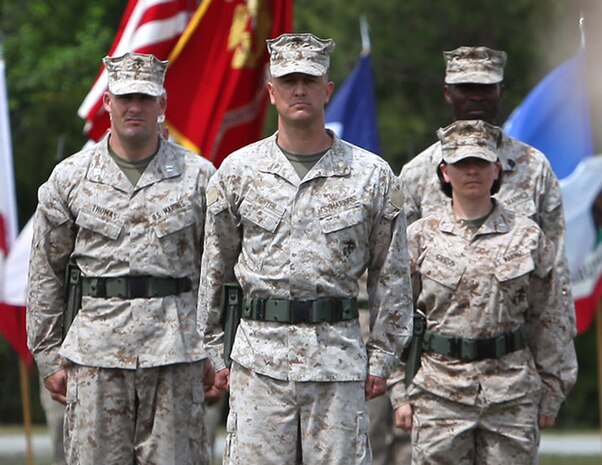 The staff is formed for the Combat Logistics Battalion 22 Change of Command Ceremony.