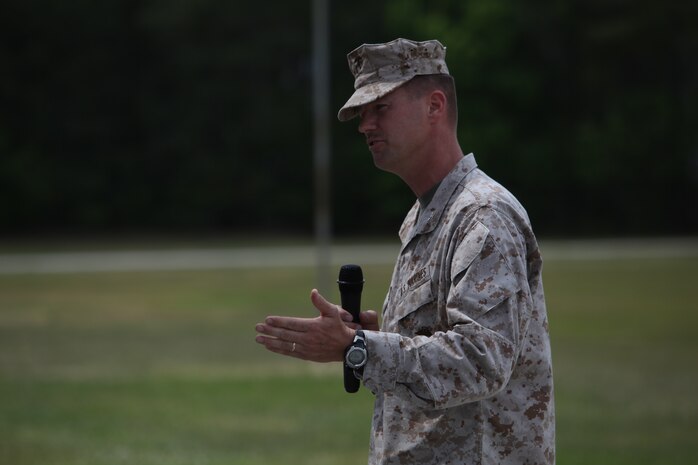 Combat Logistics Regiment 27 Commanding Officer Col Hollahan addresses the crowd at the Combat Logistics Battalion 22 Change of Command Ceremony.