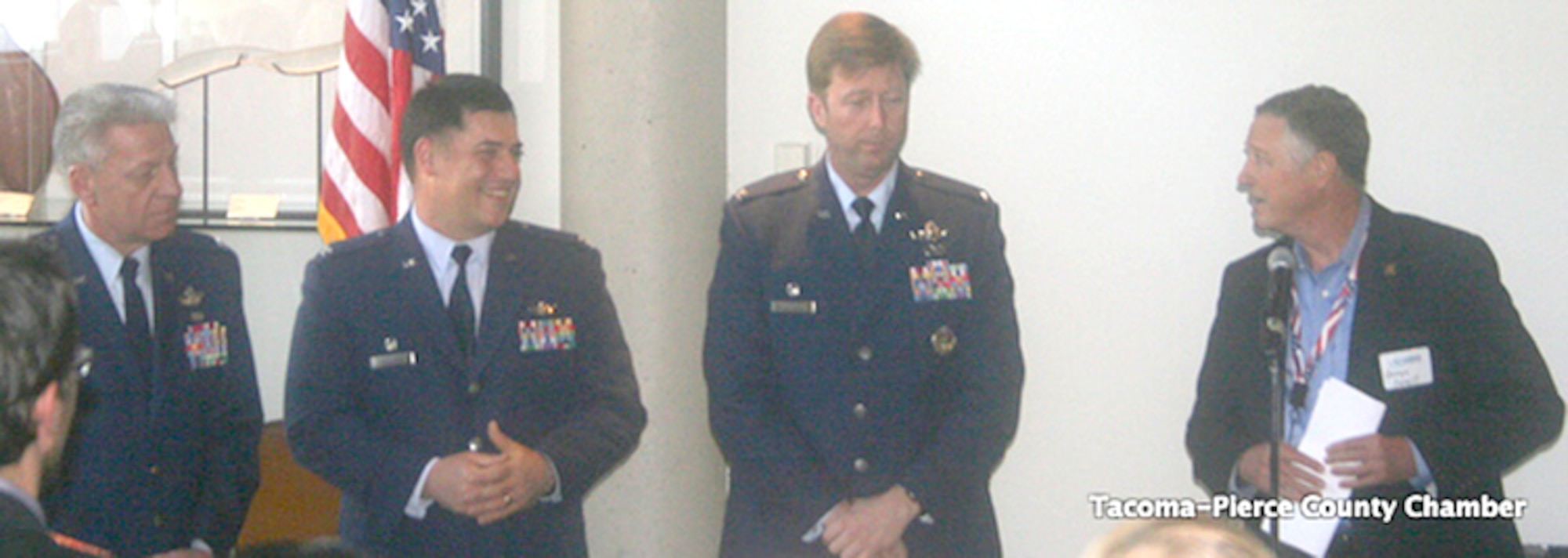 Col. Bruce Bowers, left, 446th Airlift Wing commander, stands with are Col. Peter Stavros, Western Air Defense Sector commander, and Col. Wyn Elder, 62nd AW commander, as they are welcomed by members of the Tacoma-Pierce County Chamber of Commerce April 12, 2012, at Hotel Murano in Tacoma, Wash. The chamber hosted an Air Force Commanders Reception to introduce the commanders of the three primary Air Force units on McChord Field to the local community.  
"I really enjoyed the opportunity to attend the (Tacoma-Pierce) County Chamber commanders meeting with my fellow McChord Field (commanders)," said Colonel  Bowers. "While I think this is the first time we've been part of this great event, I hope it won't be the last. Speaking with these influential and dedicated local community leaders was extremely beneficial for me, in hearing their concerns and answering several questions.  Additionally, it allowed me to thank them for the phenomenal support they give to 446th AW Airmen and all the personnel assigned to JBLM."
(Courtesy photo) 
