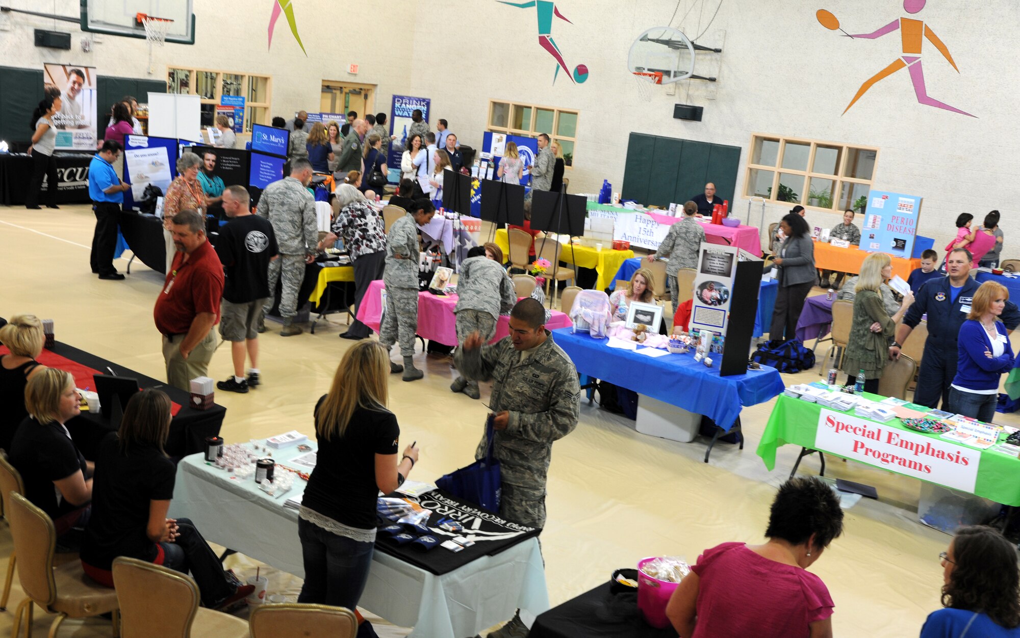 More than 150 people attended the Health and Wellness Fair in the Youth Center’s gymnasium April 13 at Vance Air Force Base, Okla. Forty-four vendors from on and off base demonstrated the services available in the local area for Team Vance members. (U.S. Air Force photo/ Airman 1st Class Frank Casciotta)