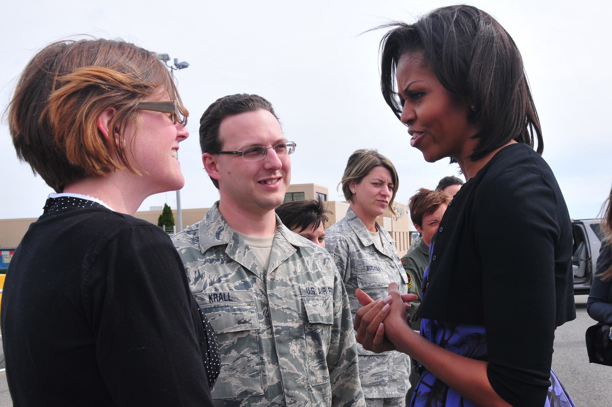 First Lady, Michelle Obama, is greeted by service members and family members from the 171st Air Refueling Wing and the 911th Airlift Wing upon her arrival to the Pittsburgh International Airport, April 17. (National Guard photo by Master Sgt. Ann Young/Released by Capt. Dicie Hritz)