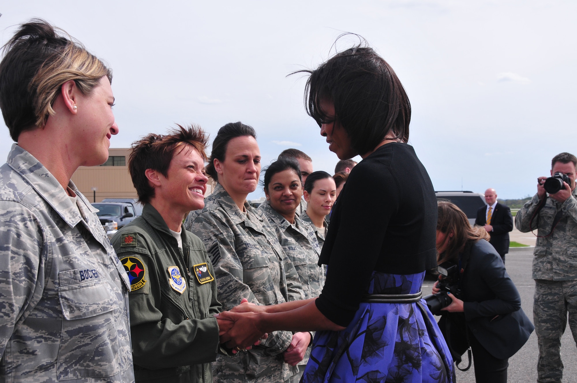 First Lady, Michelle Obama, is greeted by service members and family members from the 171st Air Refueling Wing and the 911th Airlift Wing upon her arrival to the Pittsburgh International Airport, April 17. (National Guard photo by Master Sgt. Ann Young/Released by Capt. Dicie Hritz)