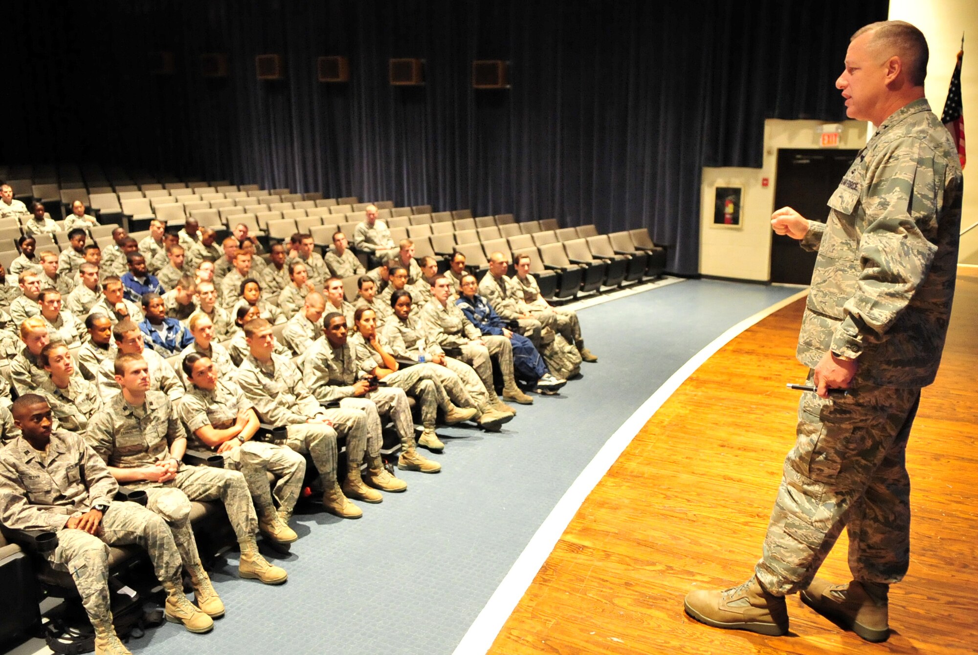 U.S. Air Force Maj. Gen. Lawrence Wells addresses more than 80 Air Force ROTC cadets on Seymour Johnson Air Force Base, N.C., April 14, 2012. Wells volunteered to speak to the cadets during their field training preparation exercise to explain how they will influence the future of the Air Force and encourage them to seek leadership opportunities. (U.S. Air Force photo/Staff Sgt. Makenzie Lang/Released)