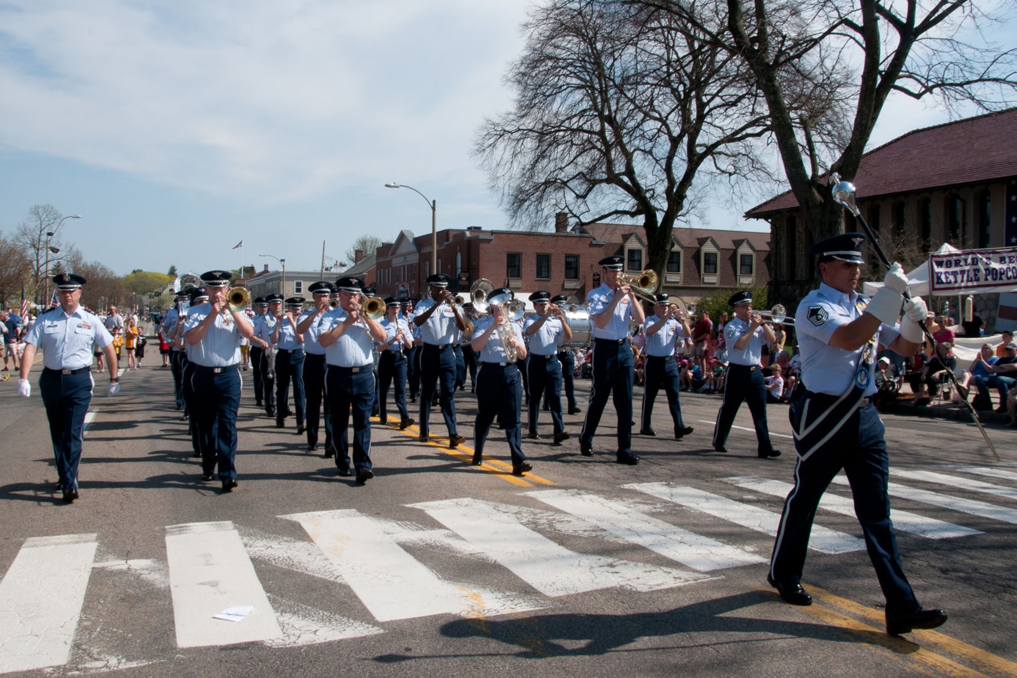 LEXINGTON, Mass. – The U.S. Air Force Band of Liberty marches down Massachusetts Avenue for the town’s Patriots’ Day parade April 16. Base personnel participated in many Patriots’ Day activities throughout the area. (U.S. Air Force photo by Linda LaBonte Britt) 