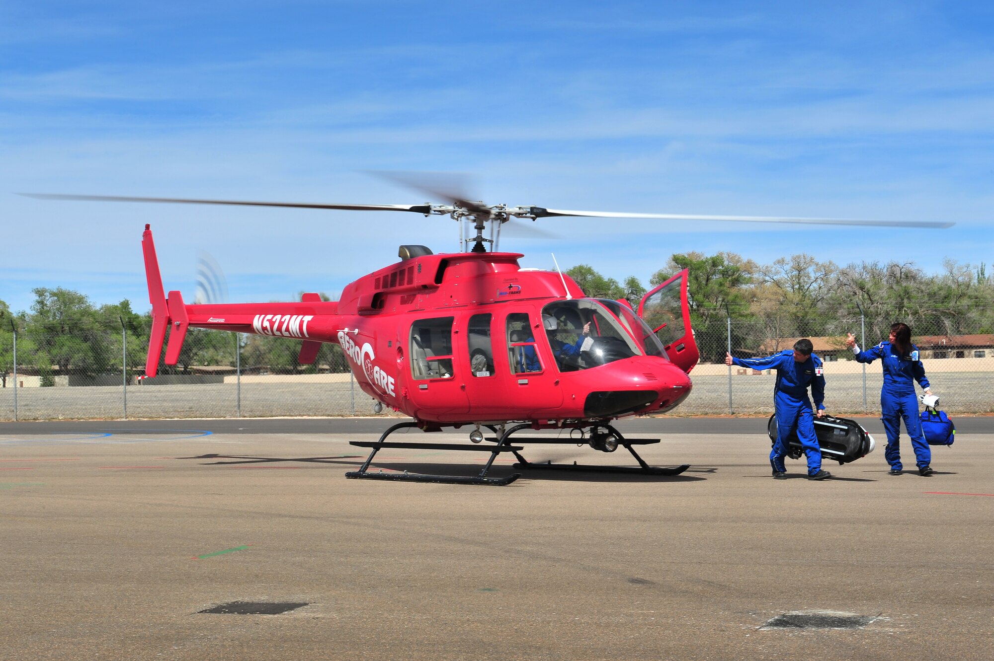 A life flight helicopter arrives to participate in a natural disaster exercise at Cannon Air Force Base, N.M., April 5, 2012. Training exercises provide a safe and controlled environment to practice tactics, techniques and procedures. (U.S. Air Force photo by Tech. Sgt. Josef Cole)