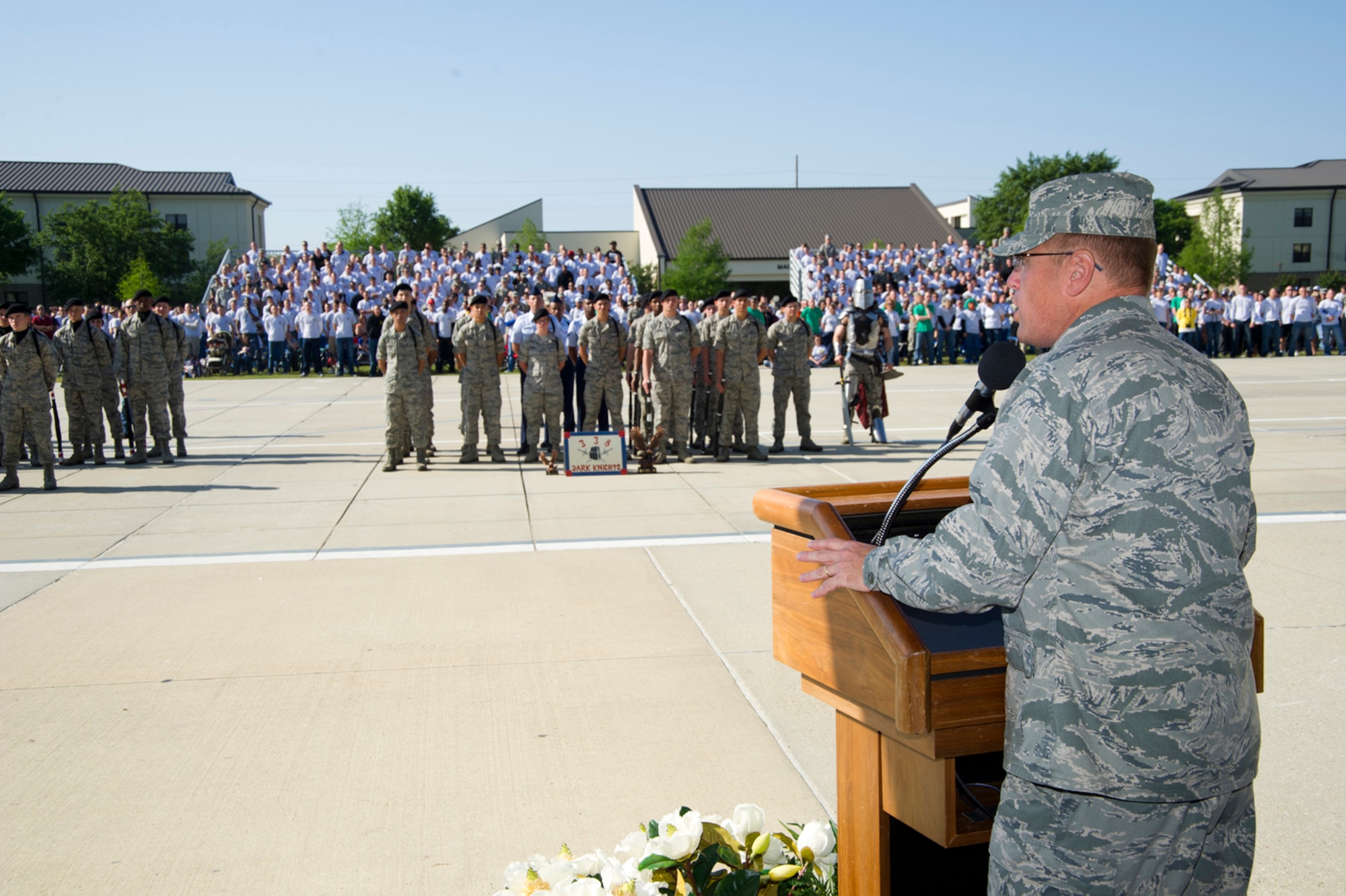 Brig. Gen. Mueller addresses drill down competitors and attendees following the drill down competition April 13, 2012, behind the Levitow Training Support Facility at Keesler Air Force Base, Miss.  Friday’s drill down was Mueller’s last as the 81st Training Wing commander.   (U.S. Air Force photo by Adam Bond)