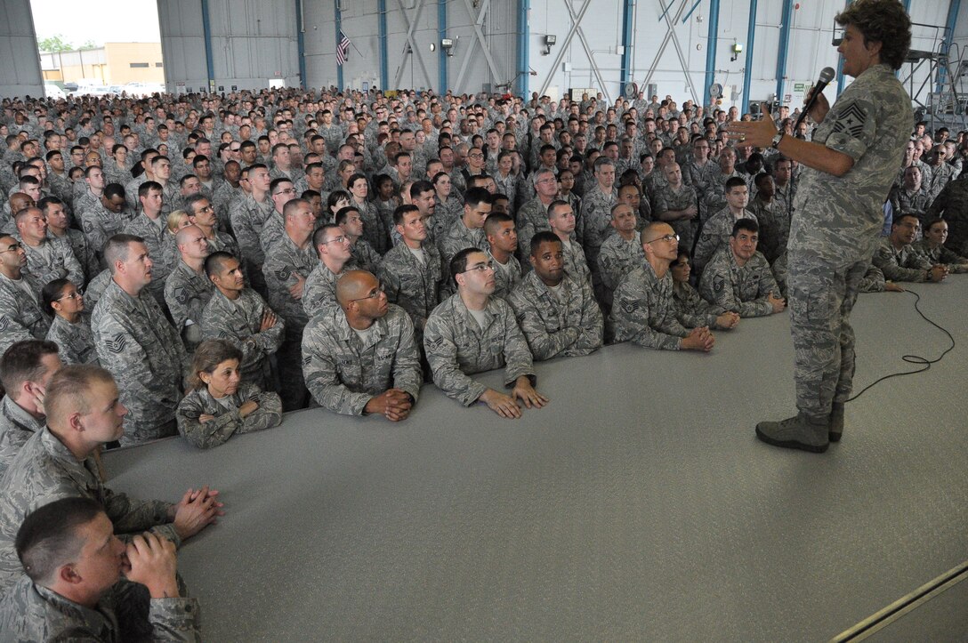 AFRC Command Chief Master Sgt. Kathleen R. Buckner speaks to Alamo Wing enlistedd members at an enlisted call during the April UTA in the 433d Fuel Cell. She represents the highest level of enlisted leadership in the command, advising the commander on all matters concerning the health, morale, welfare and effective management of more than 60,000 active duty and reserve enlisted members at more than 66 locations. Command Chief Buckner spoke the enlisted Airman about fitness, readiness, and career progression. (U.S. Air Force photo/Senior Airman Brian McGloin)