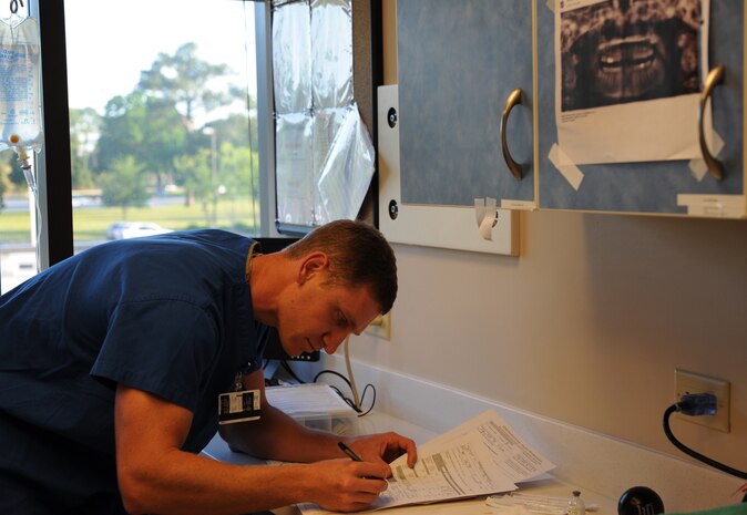 Capt. Aaron Cohenour prepares for a wisdom tooth extraction at Joint Base Charleston - Air Base April 11.  Cohenour is a dentist from the 628th Medical Group. (U.S. Air Force photo / Airman 1st Class Ashlee Galloway)