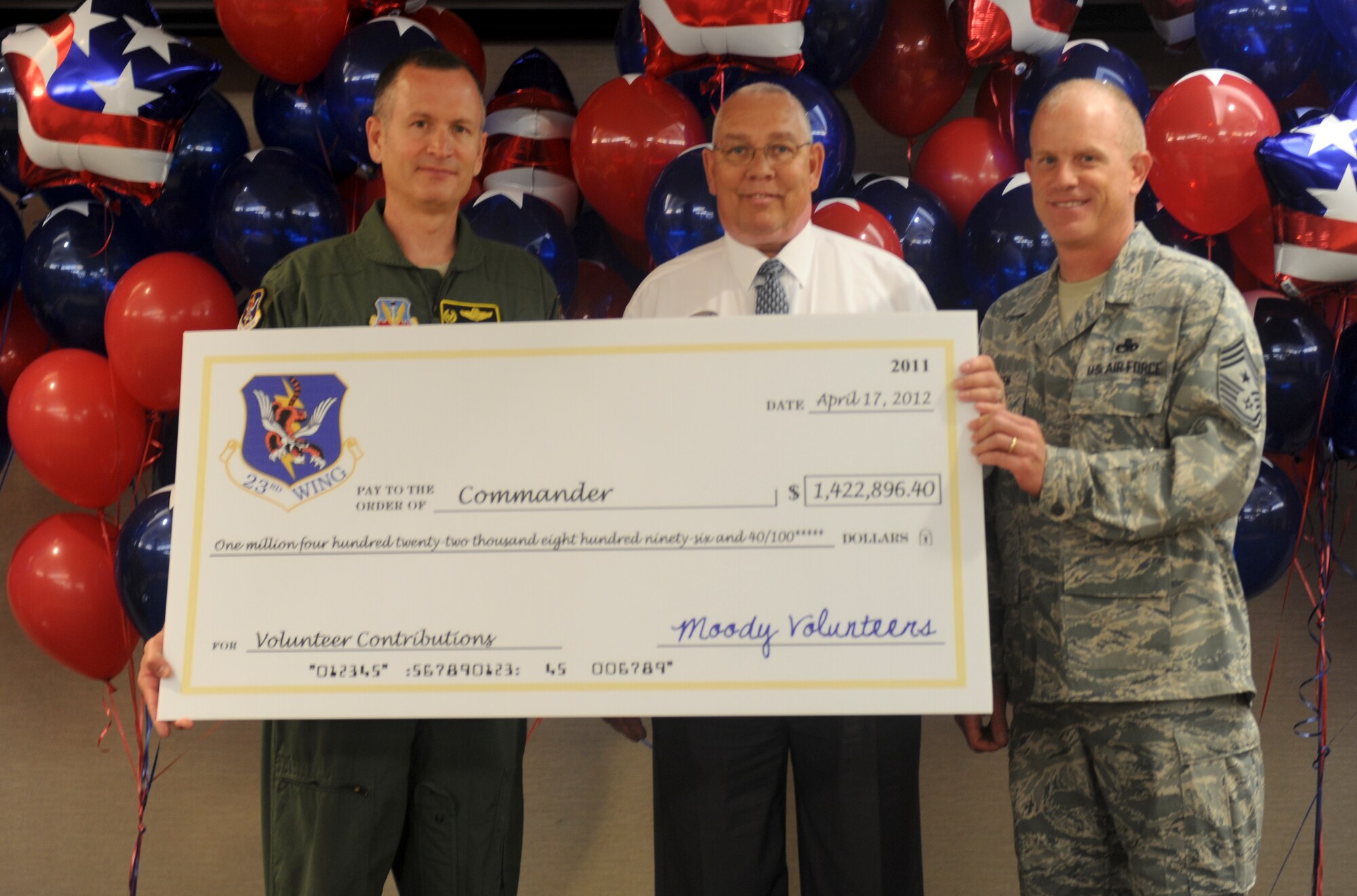 Eric Pedersen presents a symbolic check worth $1,422,896.40 to U.S. Air Force Col. Billy Thompson, 23d Wing commander, and Chief Master Sgt. Frank Batten, 23d WG command chief, during the 2012 Annual Volunteer Recognition Ceremony at Moody Air Force Base, Ga., April 17, 2012. The check represented what it would have cost the base to provide its volunteer services if a paid staff was used. (U.S. Air Force photo by Airman 1st Class Douglas Ellis/Released)
