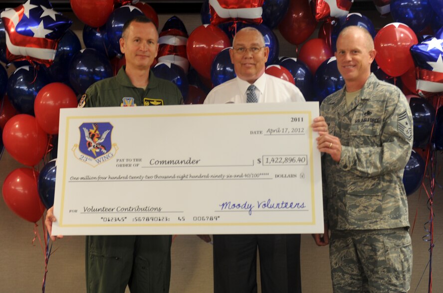 Eric Pedersen presents a symbolic check worth $1,422,896.40 to U.S. Air Force Col. Billy Thompson, 23d Wing commander, and Chief Master Sgt. Frank Batten, 23d WG command chief, during the 2012 Annual Volunteer Recognition Ceremony at Moody Air Force Base, Ga., April 17, 2012. The check represented what it would have cost the base to provide its volunteer services if a paid staff was used. (U.S. Air Force photo by Airman 1st Class Douglas Ellis/Released)
