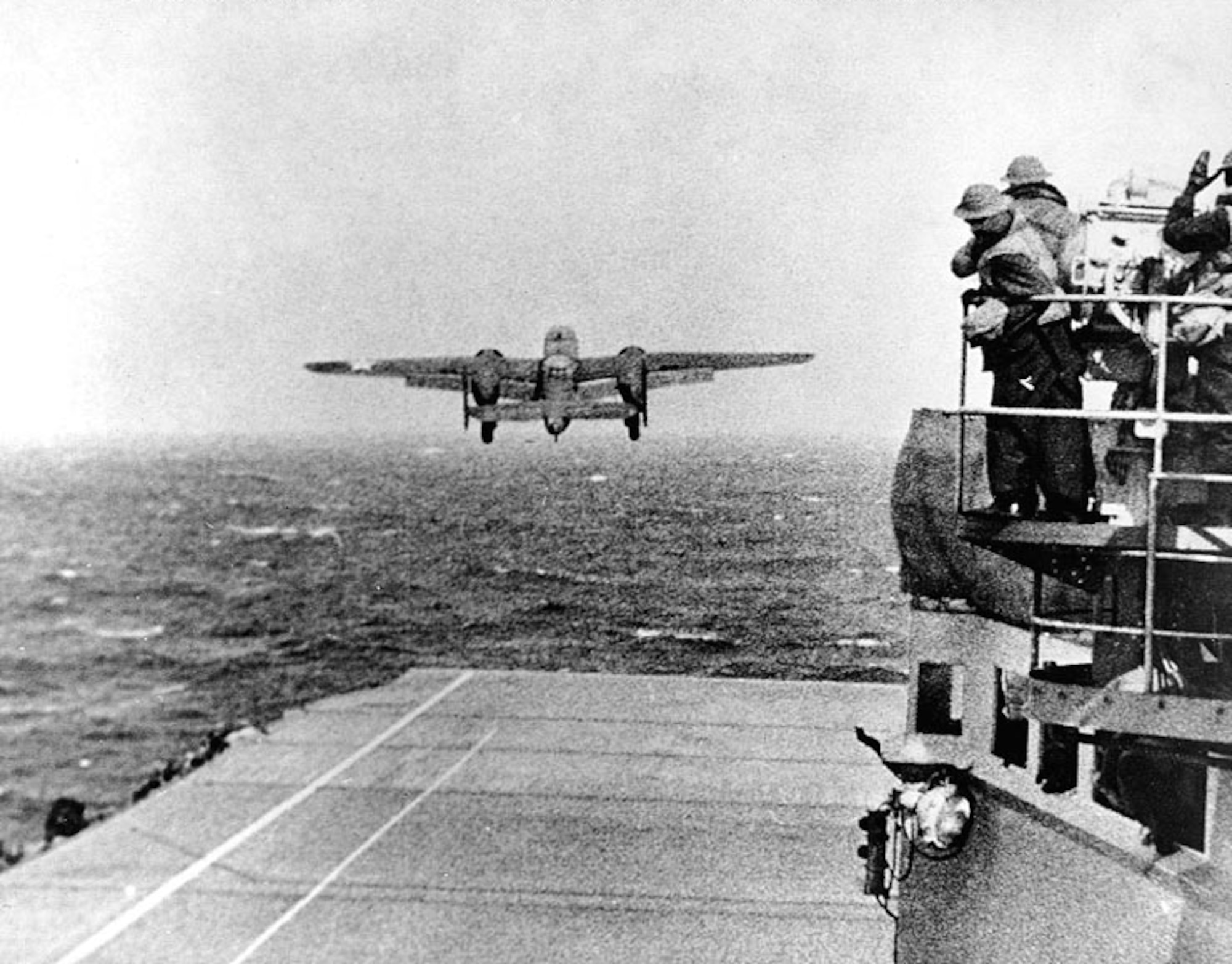 A B-25 thunders skyward off the deck of the USS Hornet. Around 600 miles from Japan mainland, a small fishing boat was spotted and destroyed by the Hornet and its crew. Lt. Col. James Doolittle felt this small boat may have warned Japan, so he ordered the raid to proceed immediately. (U.S. Air Force courtesy photo)