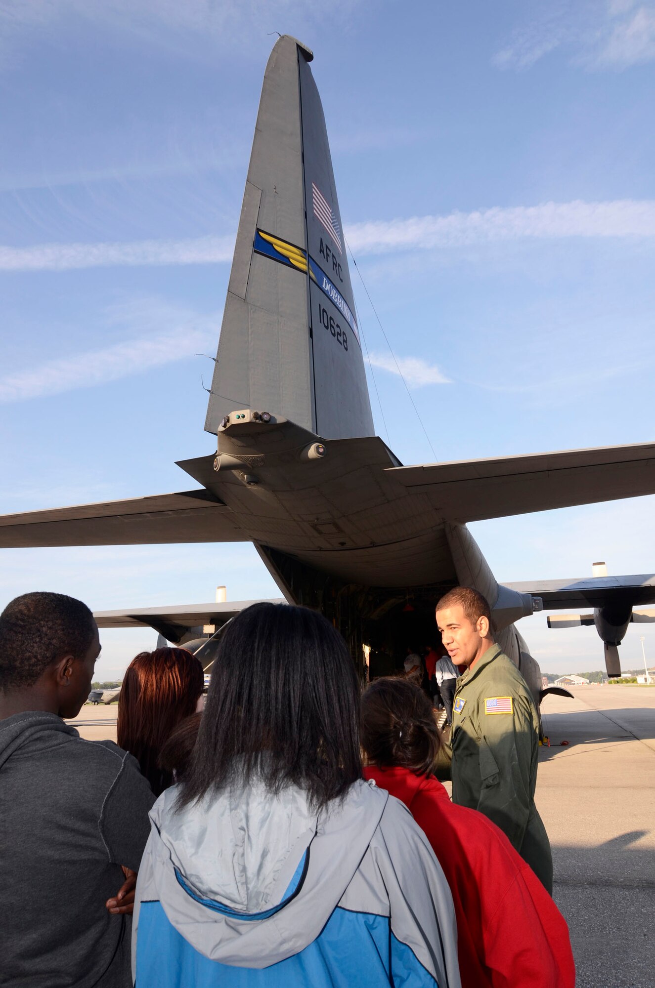 Students from Whites Creek High School Air Force JROTC, Nashville, Tenn. learn about operations and functions from Airman 1st Class Devin R. Cyr from the 700th Airlift Squadron while touring a C-130 here April 4.  (U.S. Air Force photo/Don Peek)