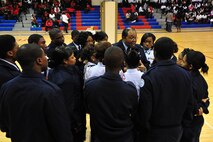 Maj. John A. Brown, commander, Wilcox Central High School Junior Officer Reserve Training Corps, Detachment AL-936, Camden Ala. speaks to his cadets prior to starting their play, which highlighted sexual assault awareness on March 29. Detachment AL-936 is a shining example of excellence despite the area they are located in. (Air Force photo by Senior Airman Christopher Stoltz)