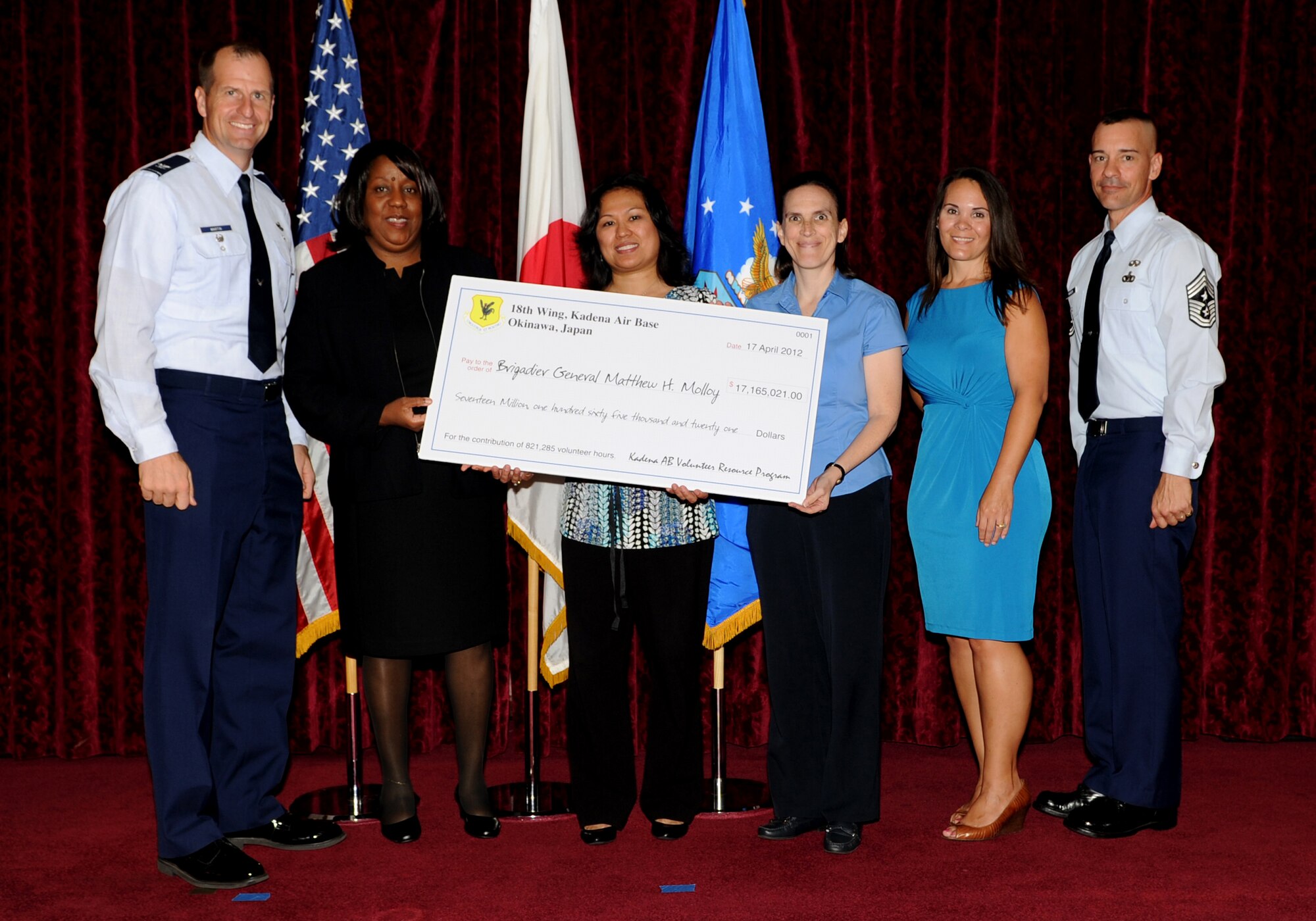Col. Corey Martin, 18th Wing vice commander, and Chief Master Sgt. Mark Marson, 18th Wing command chief, hold a mock check with members of the Volunteer Advisory Committee during the 2012 Annual Volunteer Recognition Ceremony at the Rocker NCO Club April 17, 2012, at Kadena Air Base, Japan. The $17 million check represents how much volunteers would have earned if they were paid minimum wage for all of their volunteer hours. In the past year, volunteers have contributed more than 821,285 hours of community service on and off base. (U.S. Air Force photo by Junko Kinjo/Released)

