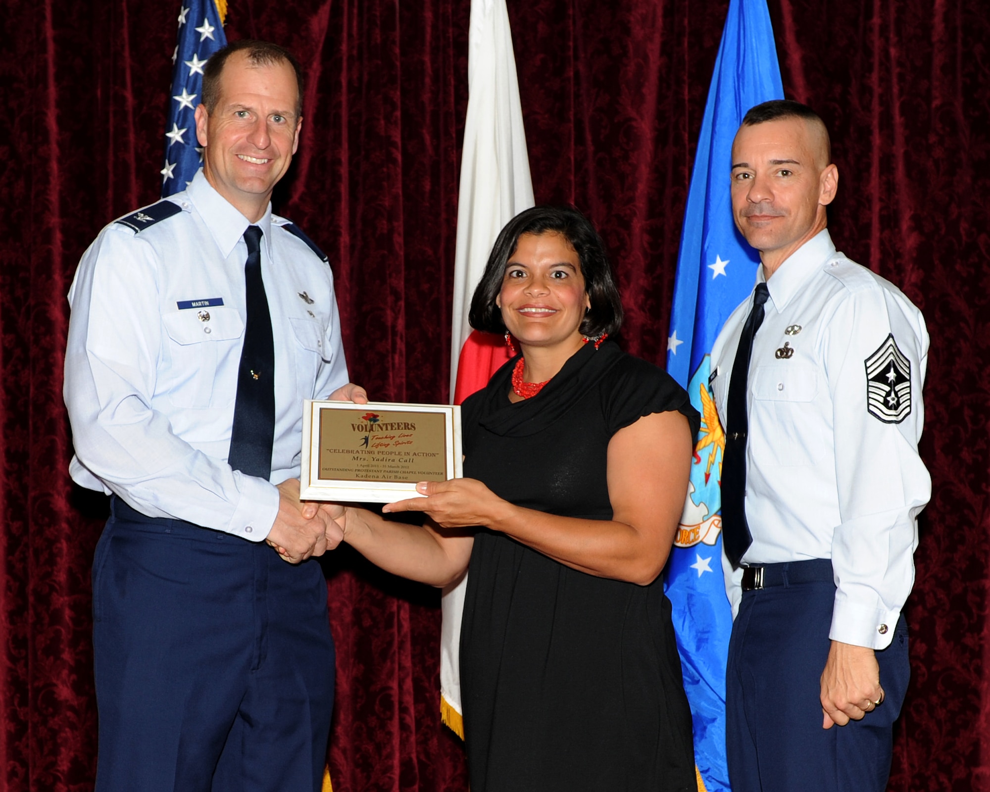 Yadira Call was named the Kadena Chapel Protestant Parish Outstanding Volunteer of the Year during the 2012 Annual Volunteer Recognition Ceremony at the Rocker NCO Club April 17, 2012, at Kadena Air Base, Japan. She volunteered 216 hours within the last five months volunteering with women and children in the Kadena Chapel Community. As President of the Kadena Chapel Protestant Women’s Ministry, she led over 775 women and mentored 470 volunteers who have in turn served more than 1,700 hours in women’s ministry and hosted over 90 chapel wing events and retreats. (U.S. Air Force photo by Junko Kinjo/Released)
