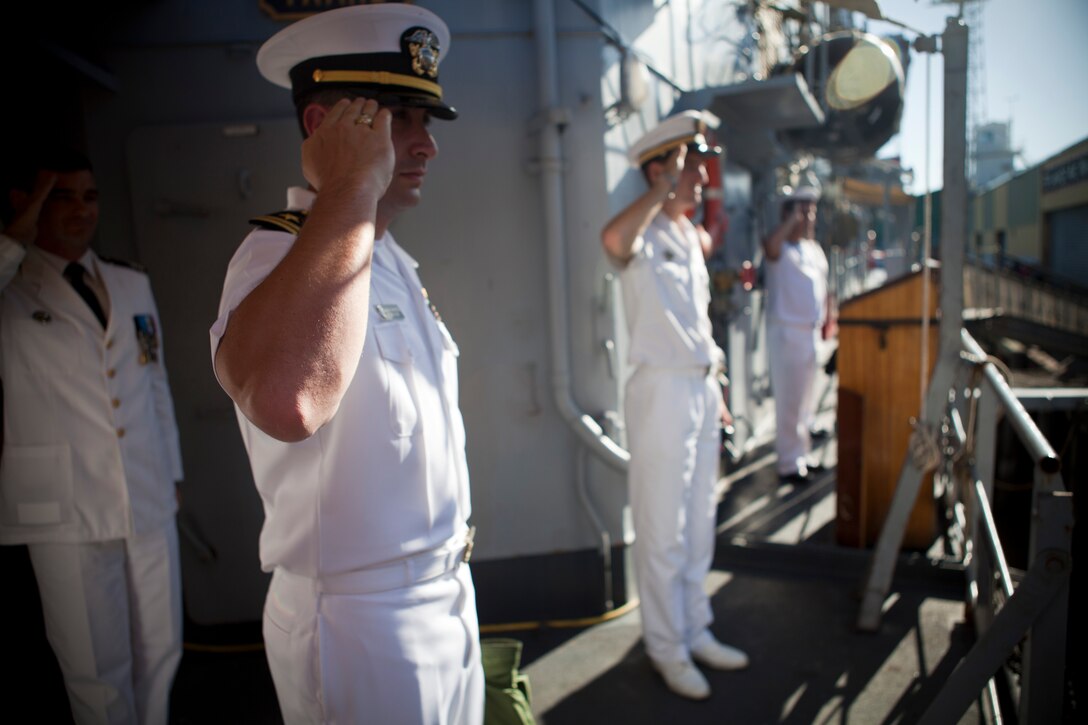 French sailors salute Lt. Gen. Steven A. Hummer, commander of Marine Forces Reserve and Marine Forces North, as he embarks the French frigate Germinal, April 18, 2012. The general attended a reception aboard the frigate in honor of the War of 1812 Commemoration. New Orleans will serve as the inaugural city in a three-year national celebration commemorating the War of 1812 and the Star-Spangled Banner. The Marine Corps' role in this event reinforces its naval character, showcases the Navy-Marine Corps team and highlights the military's enduring relationship with the city of New Orleans. (U.S. Marine Corps photo by Lance Cpl. Marcin Platek/Released)