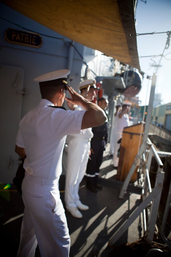 French sailors salute Lt. Gen. Steven A. Hummer, commander of Marine Forces Reserve and Marine Forces North, as he embarks the French frigate Germinal, April 18, 2012. The general attended a reception aboard the frigate in honor of the War of 1812 Commemoration. New Orleans will serve as the inaugural city in a three-year national celebration commemorating the War of 1812 and the Star-Spangled Banner. The Marine Corps' role in this event reinforces its naval character, showcases the Navy-Marine Corps team and highlights the military's enduring relationship with the city of New Orleans. (U.S. Marine Corps photo by Lance Cpl. Marcin Platek/Released)