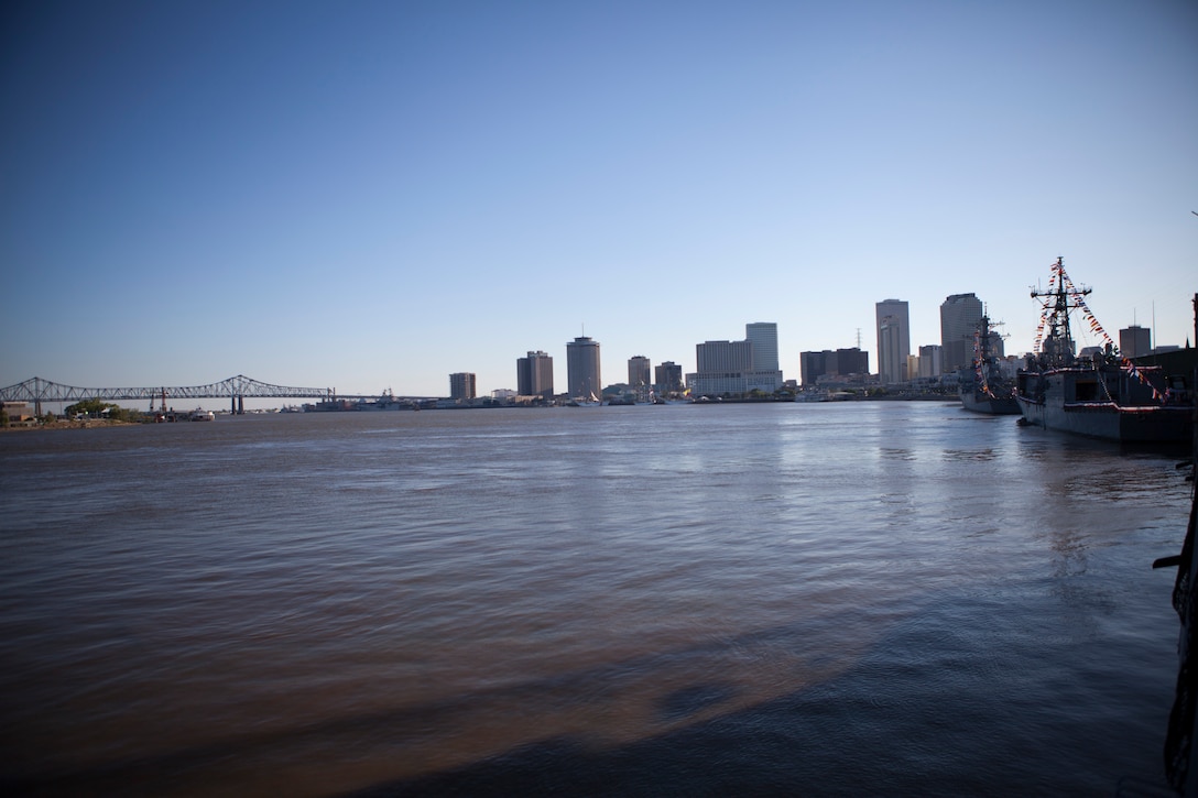 Nine vessels are docked on the Mississippi riverfront, April 18, 2012, for the War of 1812 Commemoration. New Orleans will serve as the inaugural city in a three-year national celebration commemorating the War of 1812 and the Star-Spangled Banner. The Marine Corps' role in this event reinforces its naval character, showcases the Navy-Marine Corps team and highlights the military's enduring relationship with the city of New Orleans. (U.S. Marine Corps photo by Lance Cpl. Marcin Platek/Released)