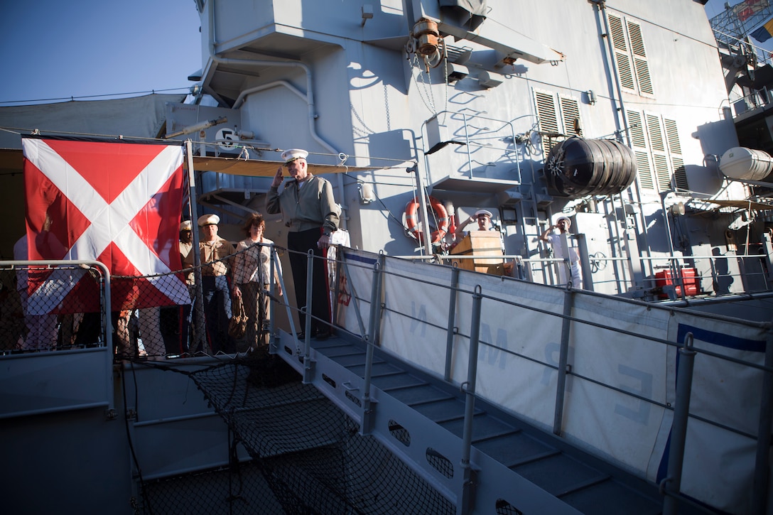 Lt. Gen. Steven A. Hummer, commander of Marine Forces Reserve and Marine Forces North, debarks the French frigate Germinal after attending the French navy reception in honor of the War of 1812 Commemoration, April 18, 2012. New Orleans will serve as the inaugural city in a three-year national celebration commemorating the War of 1812 and the Star-Spangled Banner. The Marine Corps' role in this event reinforces its naval character, showcases the Navy-Marine Corps team and highlights the military's enduring relationship with the city of New Orleans. (U.S. Marine Corps photo by Lance Cpl. Marcin Platek/Released