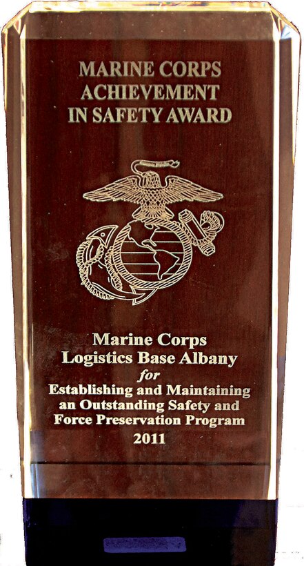 Marine Corps Logistics Base Albany receives, for the third time, the Marine Corps Achievement in Safety Award during a ceremony in Washington, D.C., March 28, from the commandant of the Marine Corps.