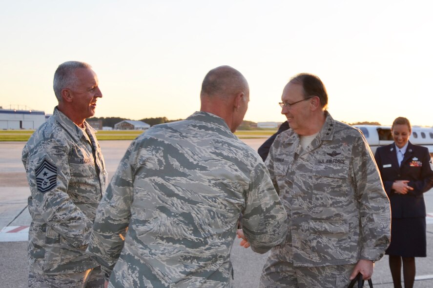 Lt. Gen.  Charles E. Stenner, Jr., commander, Air Force Reserve Command is greeted by Col. Richard L. Kemble, 94th Airlift Wing vice commander and Chief Master Sgt. Wendell L. Peacock, 94th AW command chief, during a brief landing at Dobbins Air Reserve Base, Ga., April 13. Stenner, in route to the Annual Legal Conference, Downtown Atlanta, was escorted by Master Sgt. Elena M. Lund, 94th AW Law Office superintendent. (U.S. Air Force photo/Master Sgt. James Branch)