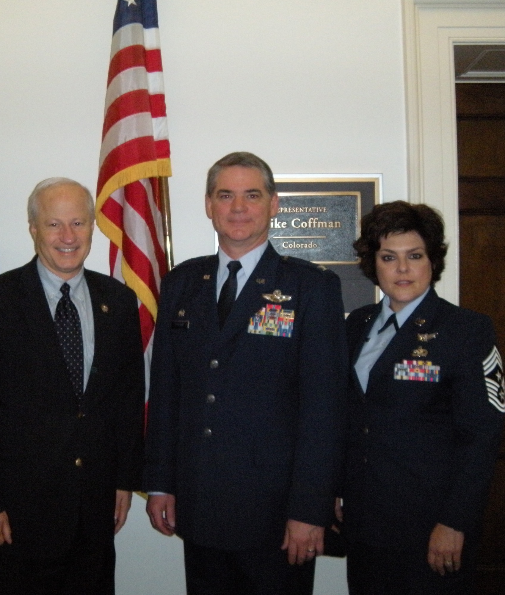 Col. Jay Pittman, 302nd Airlift Wing Commander met with Colorado Congressional Representative Mike Coffman.  During the March 20 meeting, Pittman shared updates and information on the progress of the AF Reserve Wing's Total Force Integration initiative with the active duty’s 52nd Airlift Squadron, provided updates on the Wing’s Modular Airborne Fire Fighting activations in 2011 and discussed the U.S. Air Force’s recent Force Structure proposals. (U.S. Air Force photo/Ann Skarban)
