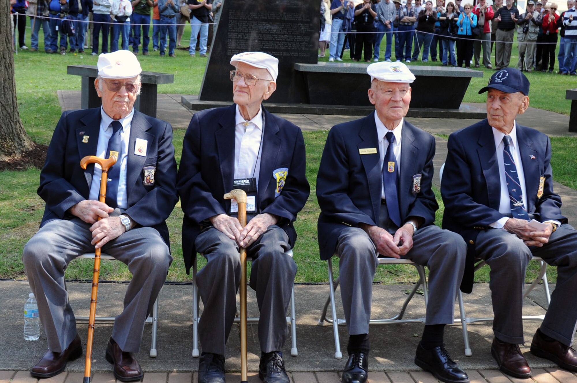 DAYTON, Ohio (04/2012) -- Four of the five living Doolittle Raiders during a memorial service in honor of their 70th Anniversary Reunion, which was held at the National Museum of the U.S. Air Force on April 17-20. From left to right are Lt. Col. Edward J. Saylor, Maj. Thomas C. Griffin, Staff Sgt. David J. Thatcher and Lt. Col. Richard E. Cole. (U.S. Air Force photo by Jeff Fisher)