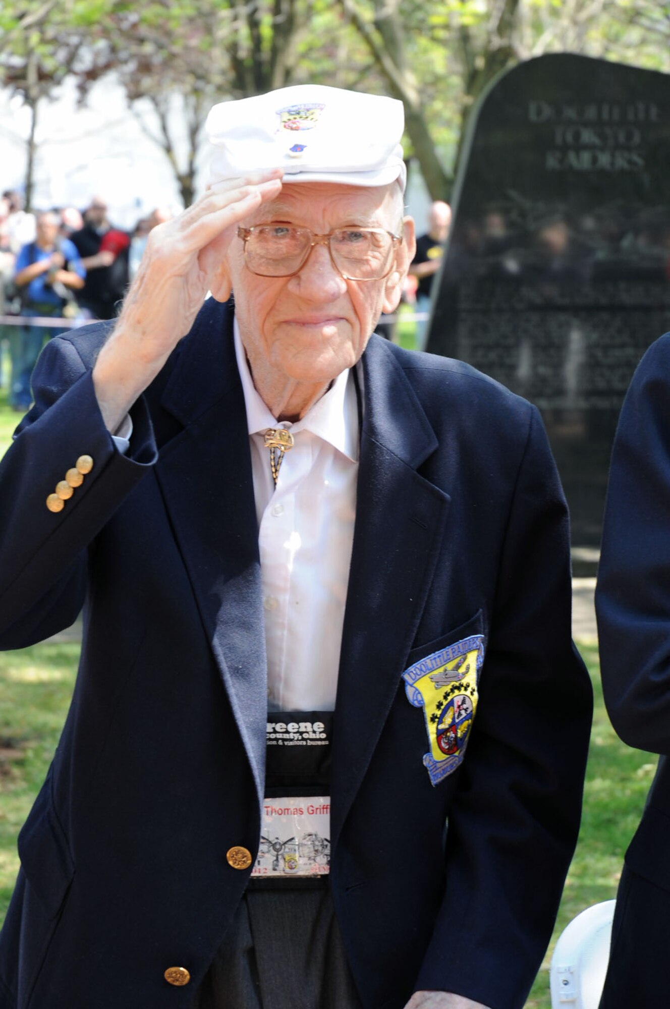 DAYTON, Ohio (04/2012) -- Maj. Thomas C. Griffin, one of the Doolittle Raiders, salutes during a memorial service in honor of the Raiders' 70th Anniversary Reunion, which was held at the National Museum of the U.S. Air Force on April 17-20. (U.S. Air Force photo by Jeff Fisher)