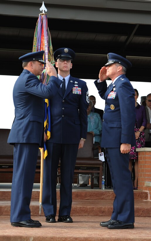 Brig. Gen. Michael A. Fantini takes command of the 82nd Training Wing during a ceremony at the Sheppard parade field April 13. (U.S. Air Force photo/ Senior Airman Adawn Kelsey)

